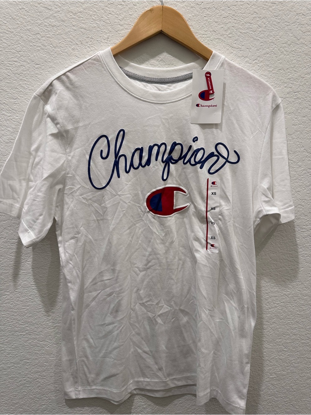 Champion Mens Script Logo‎ Graphic T-Shirt White XS New With Tags